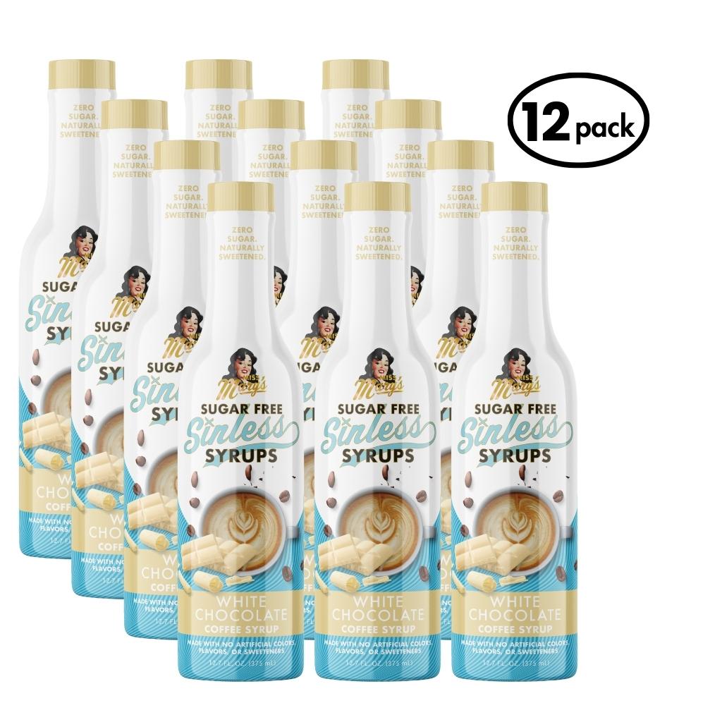 12-pack of Sugar Free Sinless Syrups bottles on a white background