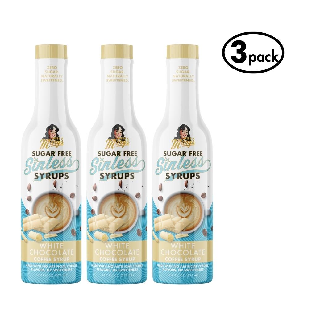 Three bottles of Sugar Free Sinless Syrups with a white background