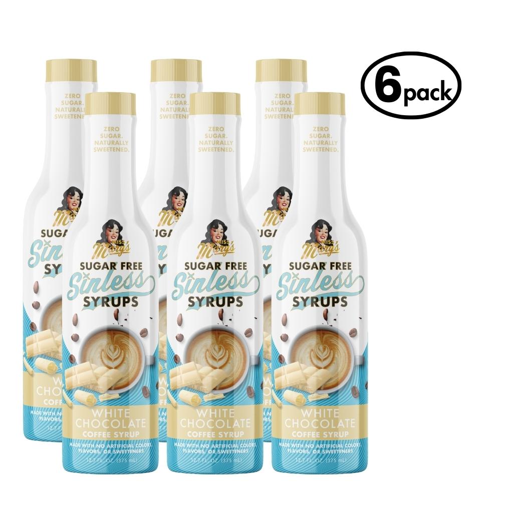 Six bottles of Sugar Free Sinless Syrups with a white background