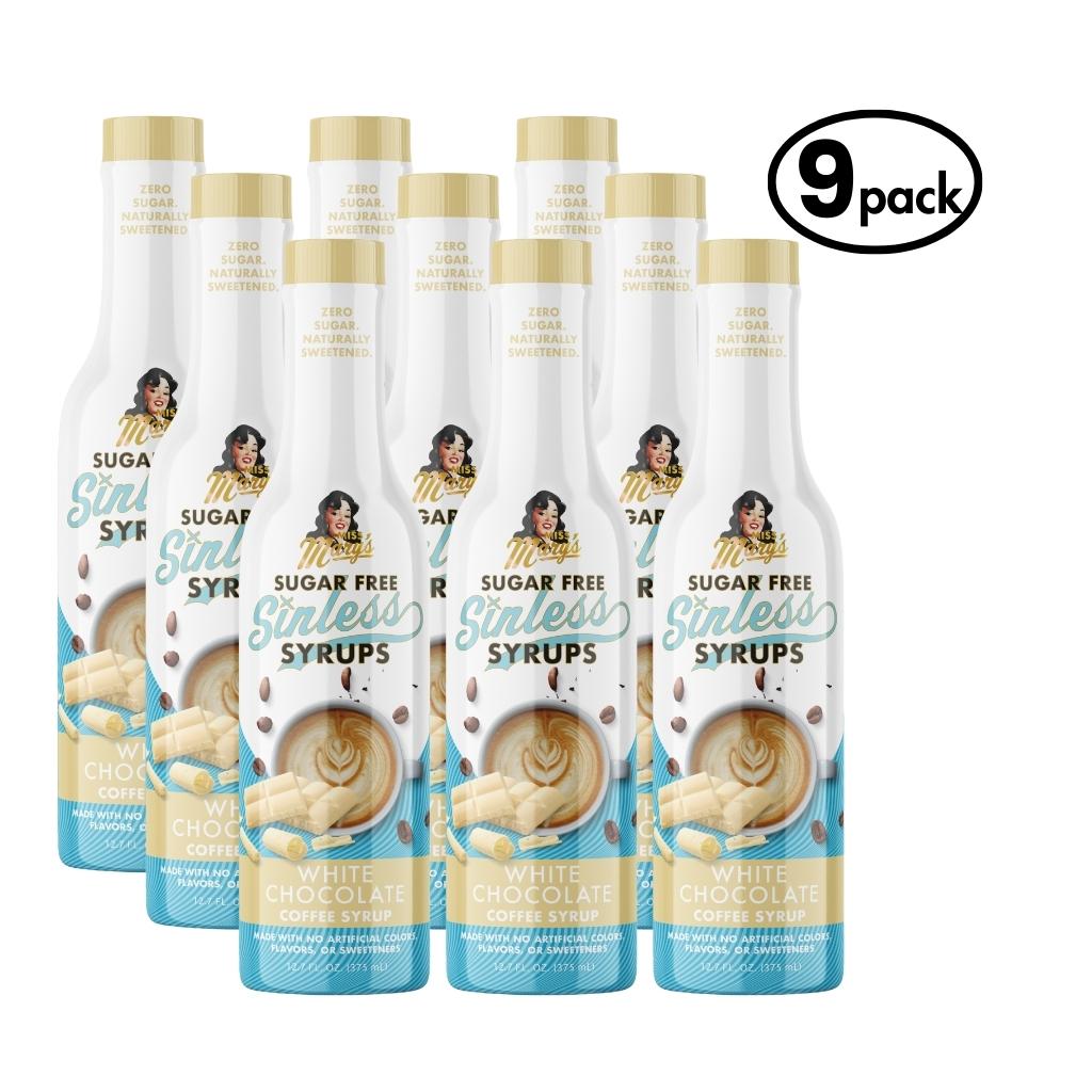 Nine bottles of Sugar Free Sintless Syrups in White Chocolate flavor on a white background.