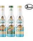 Three bottles of sugar-free syrups with labels for cinnamon dolce, peppermint patty, and white chocolate on a white background.