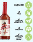 Bold & Spicy bloody mary mix bottle with red cap and attributes on blue background