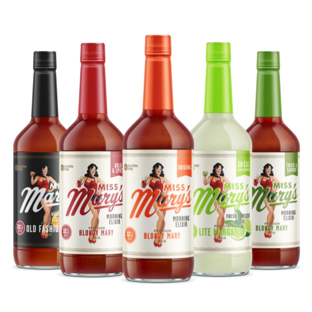 Miss Mary's low-sugar cocktail mix offering against white background
