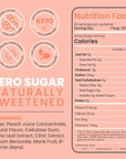 Nutrition label for a Peach Sinless Syrup with zero sugar and naturally sweetened on a pink background.