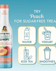 A bottle of Peach Sinless Syrup Water Enhancer with text "Try Peach for Sugar-Free Treats" and icons for water, yogurt, iced tea and smoothies against a blue background.