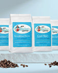 Four packages of Sinless Coffee with coffee beans on a light blue background