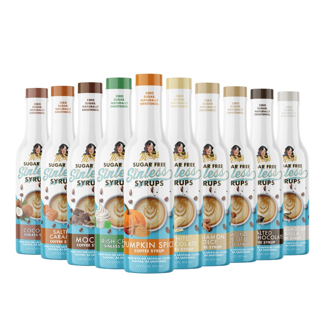 Pumpkin Spice syrup in row of various Sinless Syrup flavors on a white background