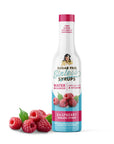 Bottle of sugar-free raspberry syrup with raspberries on a white background