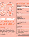 Nutrition label for a product with zero sugar and naturally sweetened ingredients on a pink background.