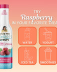 Bottle of sugar-free raspberry syrup with suggested uses on a peach background