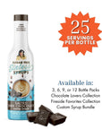 Sugar-free syrup bottle with chocolate pieces and product details on a white background