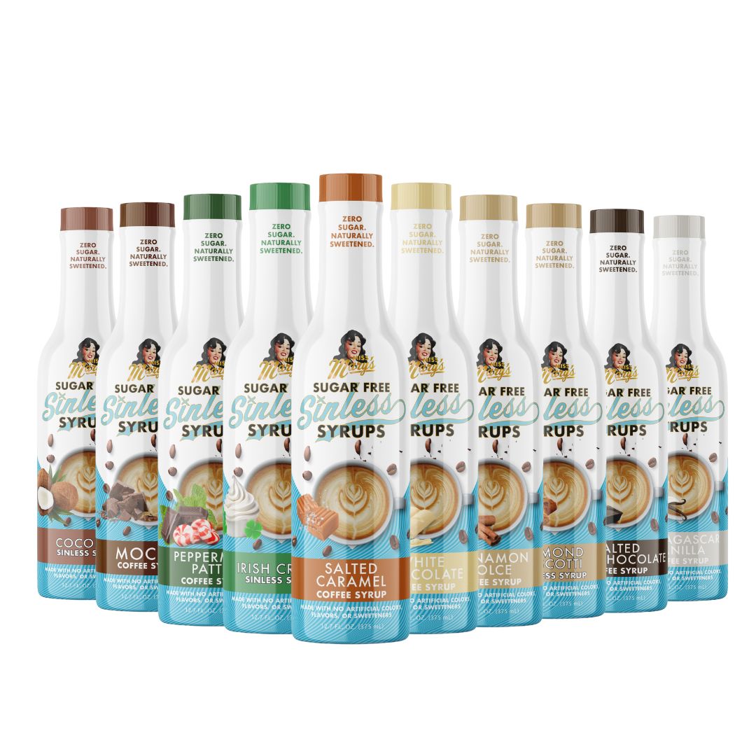 Salted Caramel syrup in row various Sinless Syrup flavors on a white background