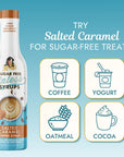 A bottle of Miss Mary's Sugar Free Sinless Syrup Salted Caramel Coffee Syrup with text "Try Salted Caramel for Sugar-free treats and icons: Coffee, Yogurt, Oatmeal, and Cocoa.