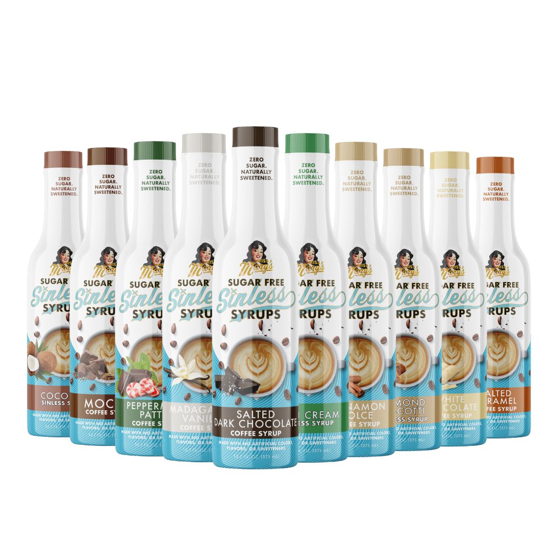 Salted Dark Chocolate in a row of Sinless Syrups bottles with various flavors on a white background