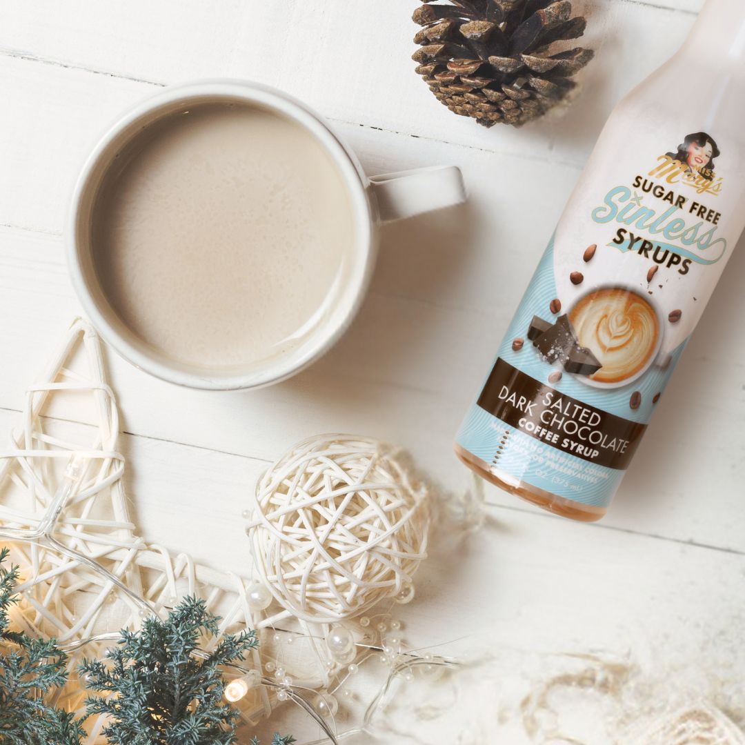 Salted Dark Chocolate Sinless  Syrup with holiday decor and coffee mug