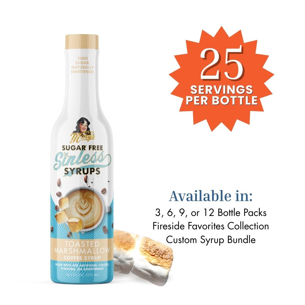 Sugar-free toasted marshmallow coffee syrup bottle with product details on a white background