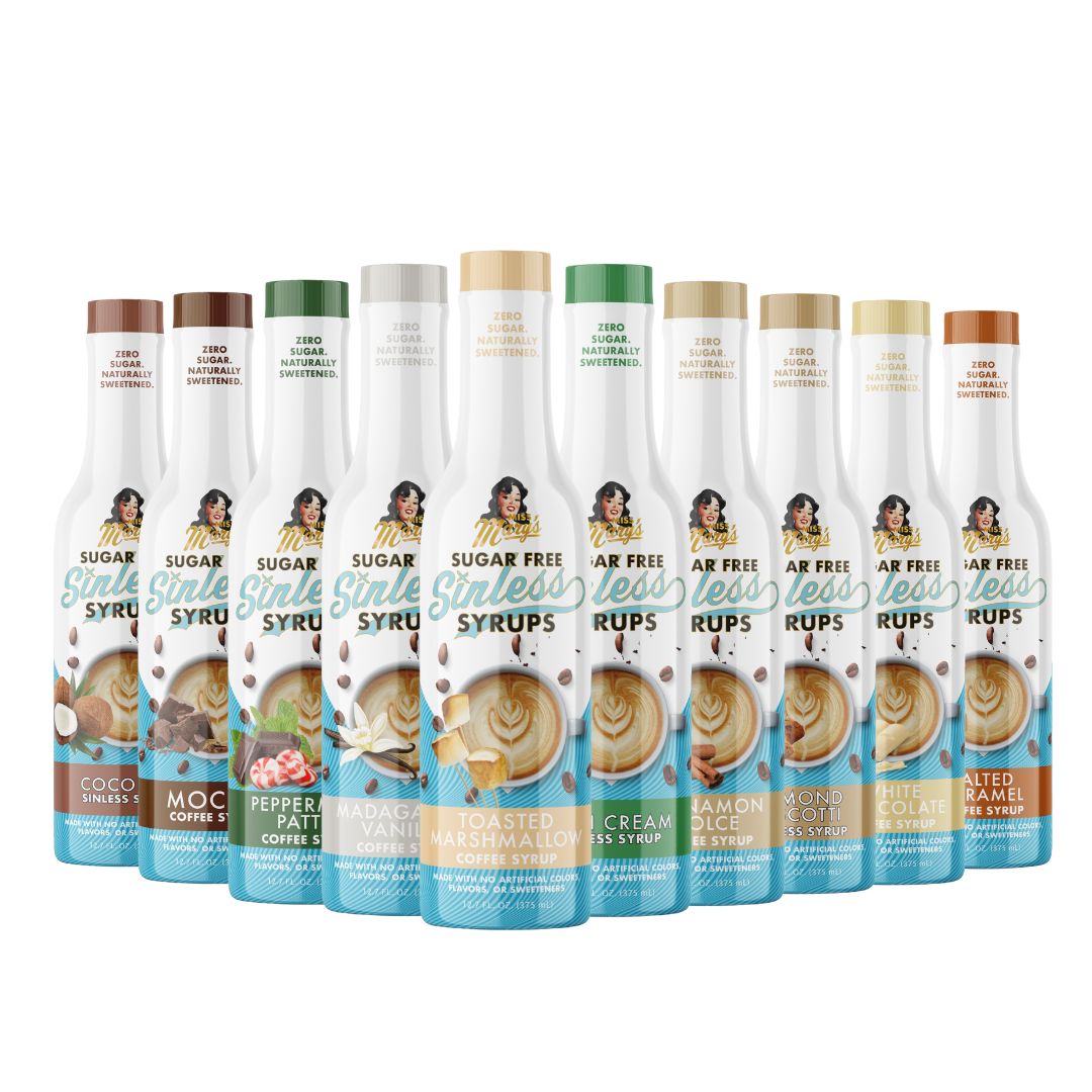 Toasted Marshmallow syrup in row of Sugar Free Sinless Syrups bottles on a white background