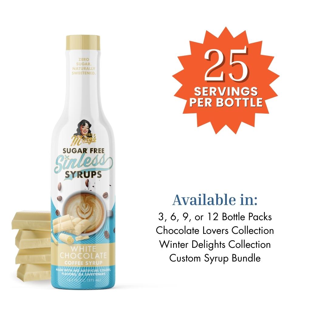 Sugar-free white chocolate syrup bottle with product details on a white background