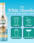 Sugar-free white chocolate syrup bottle with usage suggestions on a blue background
