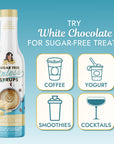 A bottle of White Chocolate Sugar Free Sinless Syrup with text "Try White Chocolate for Sugar-Free Treats" and icons for coffee, yogurt, smoothies, and cocktails on blue background.