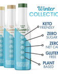 Winter Collection syrup bottles with attributes like keto-friendly, gluten-free, and plant-based on white background.