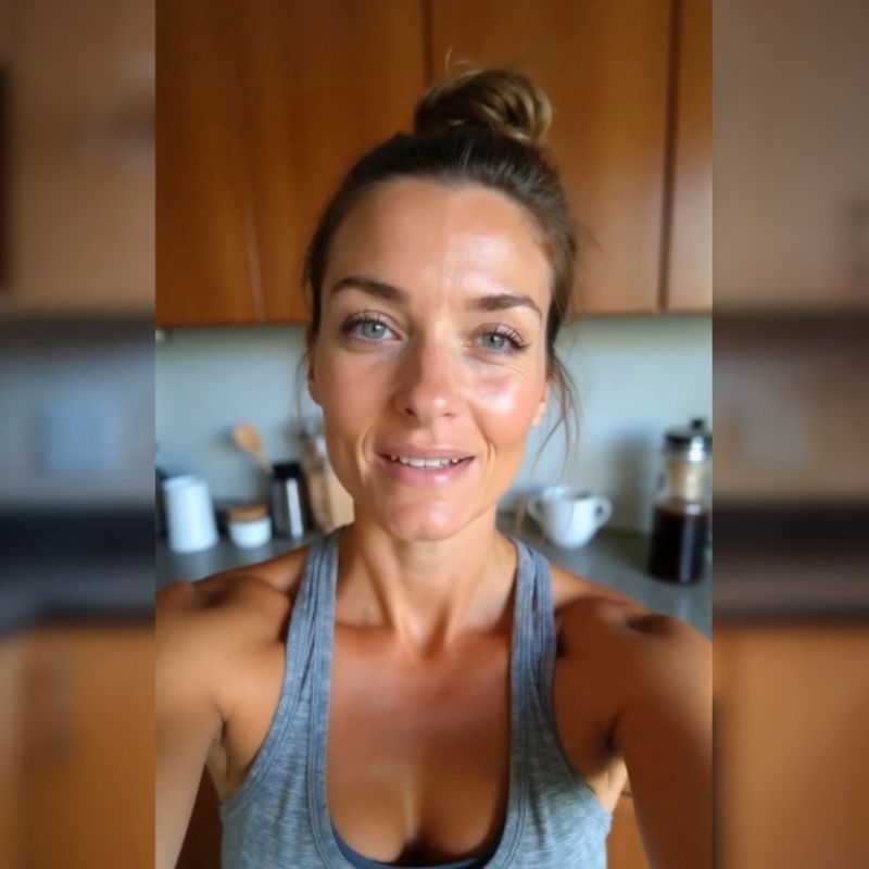 athletic woman in kitchen with wood cabinets