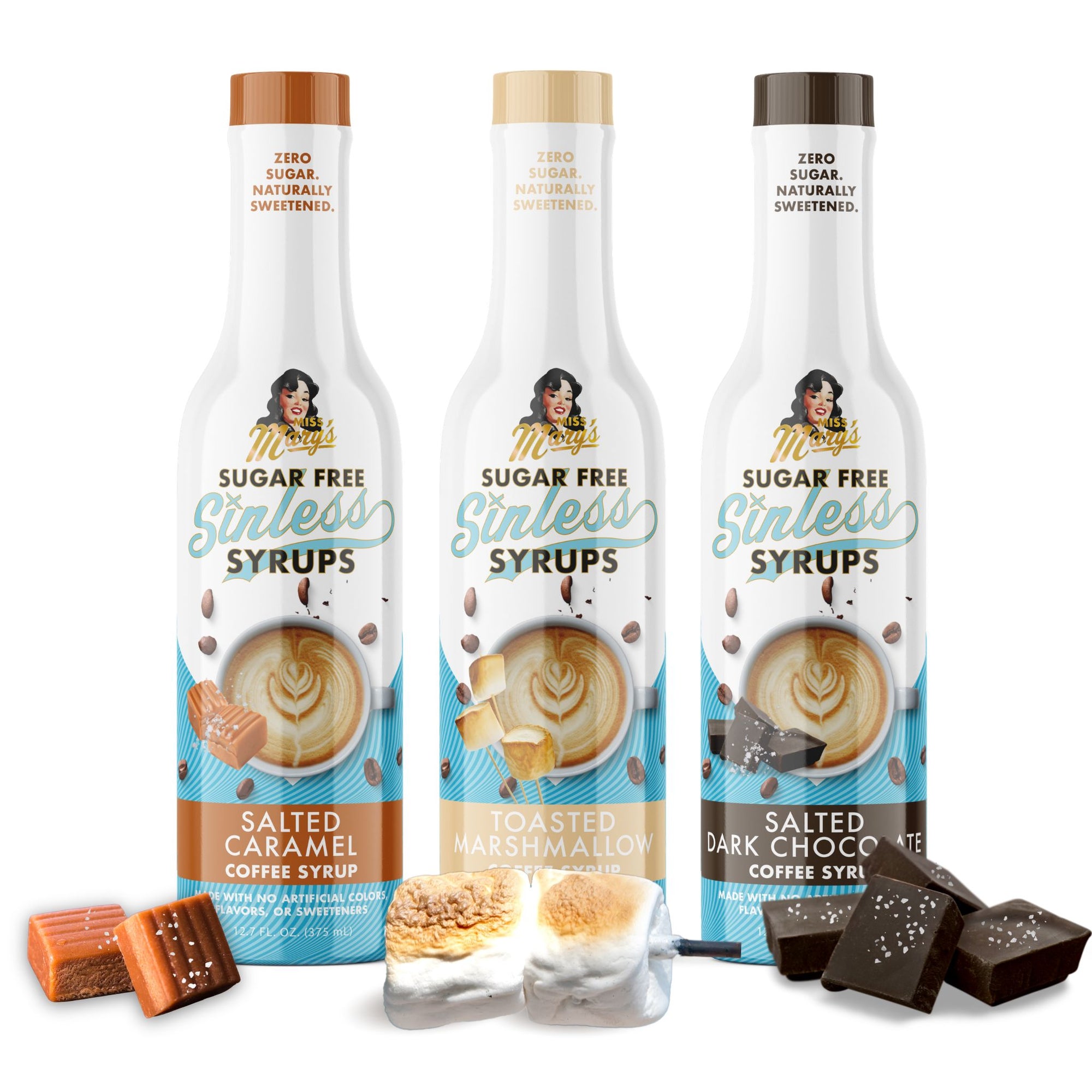 Three bottles of sugar-free syrups with corresponding desserts on a white background