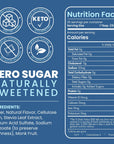 Nutrition label for Sinless Syrups with zero sugar, keto-friendly, and naturally sweetened features on a blue background.
