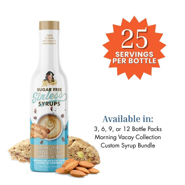 Sugar Free Almond Biscotti Sinless Syrups bottle showing 25 servings per bottle on a white background.