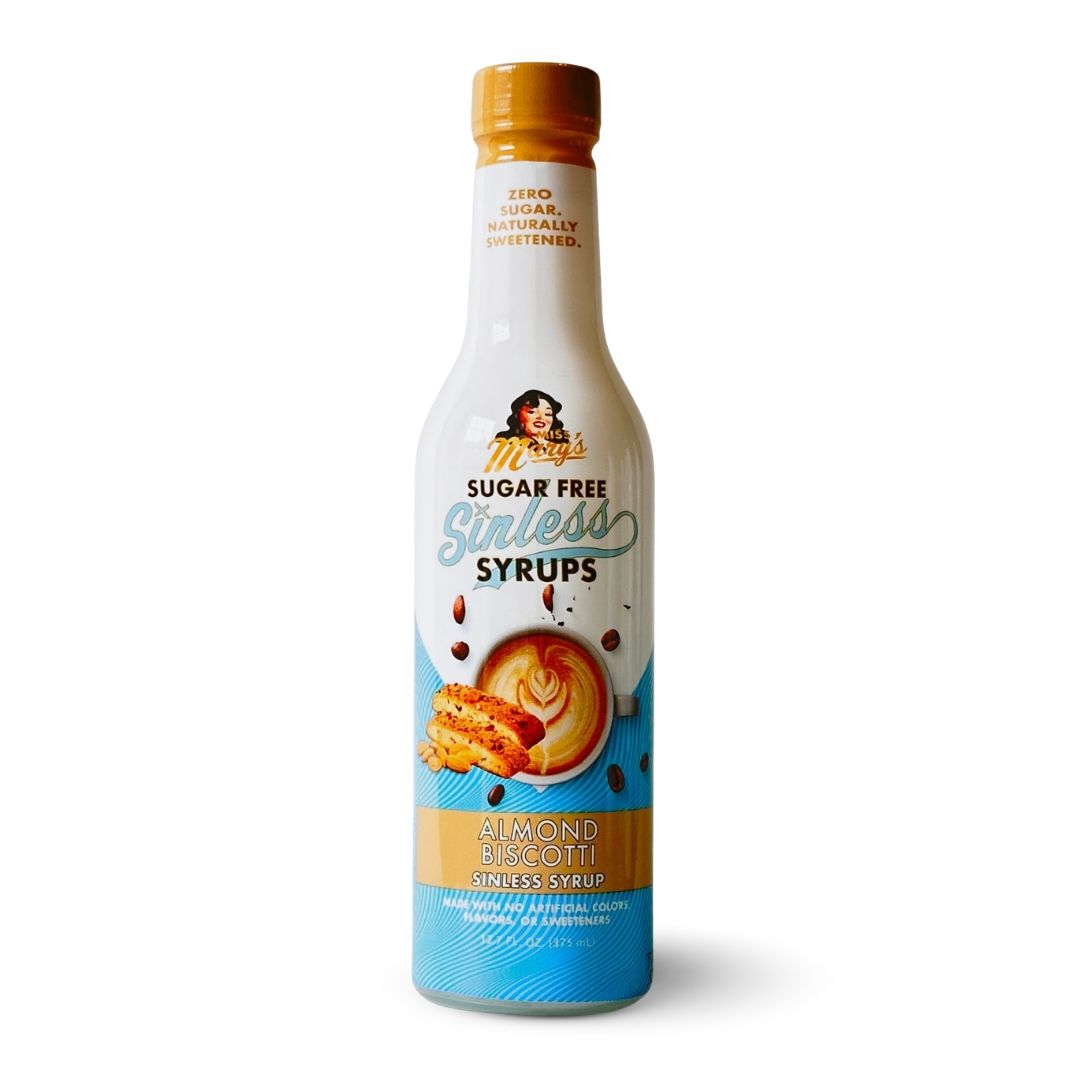 Miss Mary's Almond Biscotti Sugar Free Sinless Syrup bottle on white background