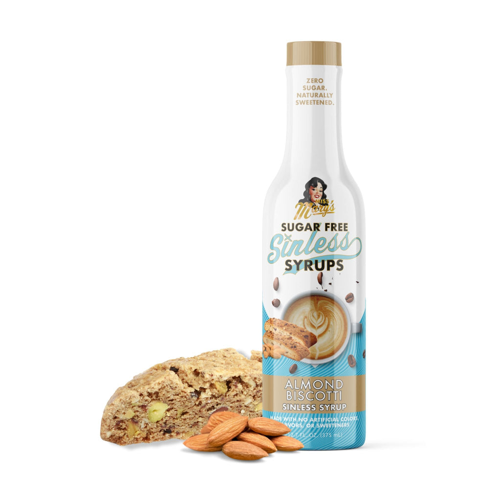 Almond Biscotti Sugar Free Sinless Syrup with biscotti and almonds against a white background