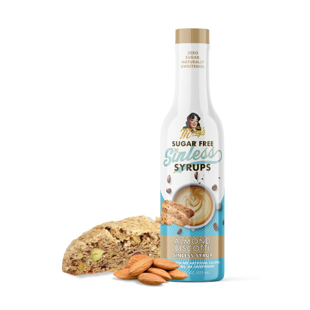 Sugar-free syrup bottle with almond biscotti and almonds on a white background