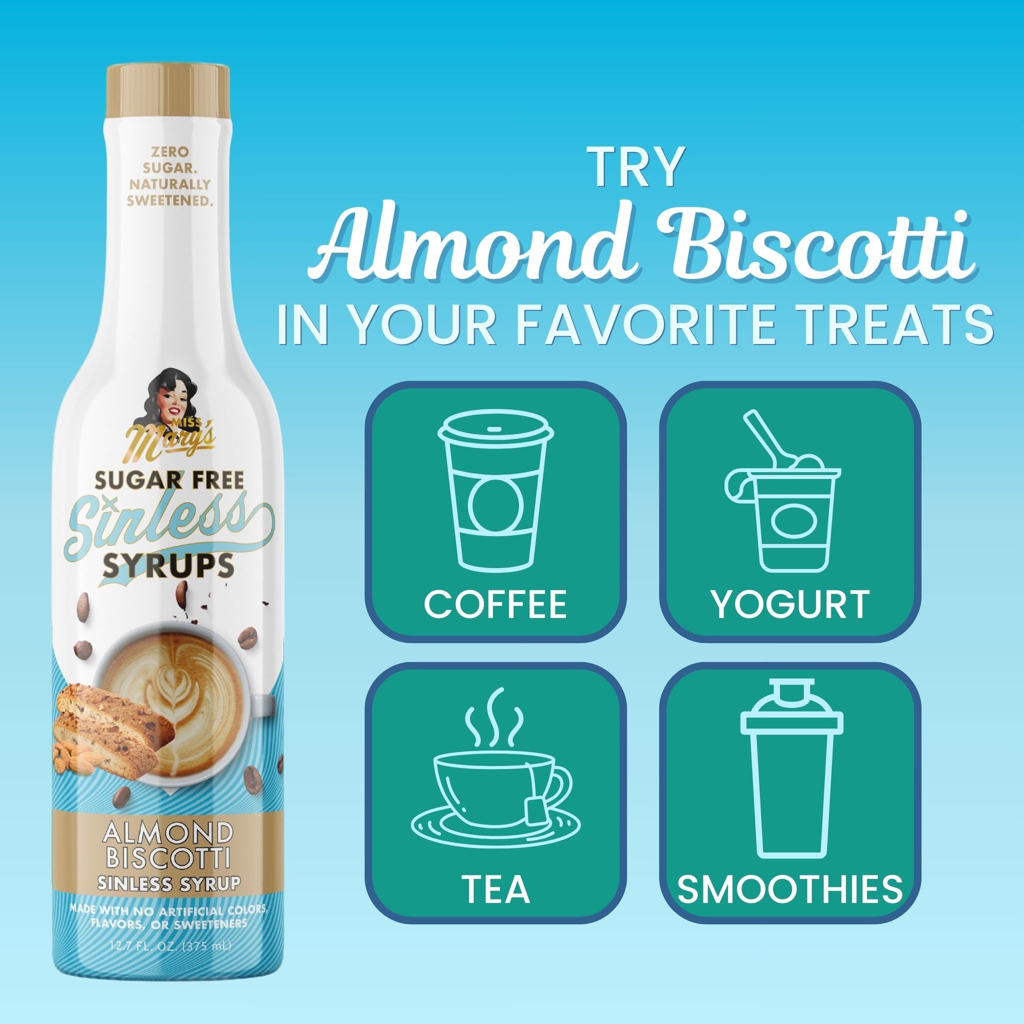 Bottle of Sugar Free Sinless Syrups Almond Biscotti syrup with icons for coffee, yogurt, tea, and smoothies on a blue background.