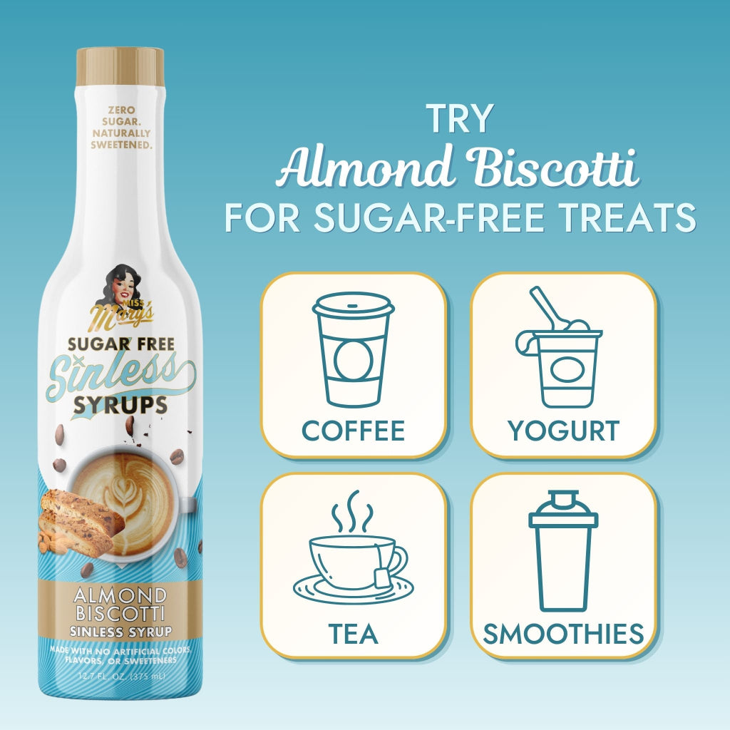 Miss Mary's Sugar Free Sinless Syrups Almond Biscotti coffee syrup with text  'TRY Almond Biscotti FOR SUGAR-FREE TREATS' and graphics for Coffee, Yogurt, Tea, and Smoothies against a blue background.