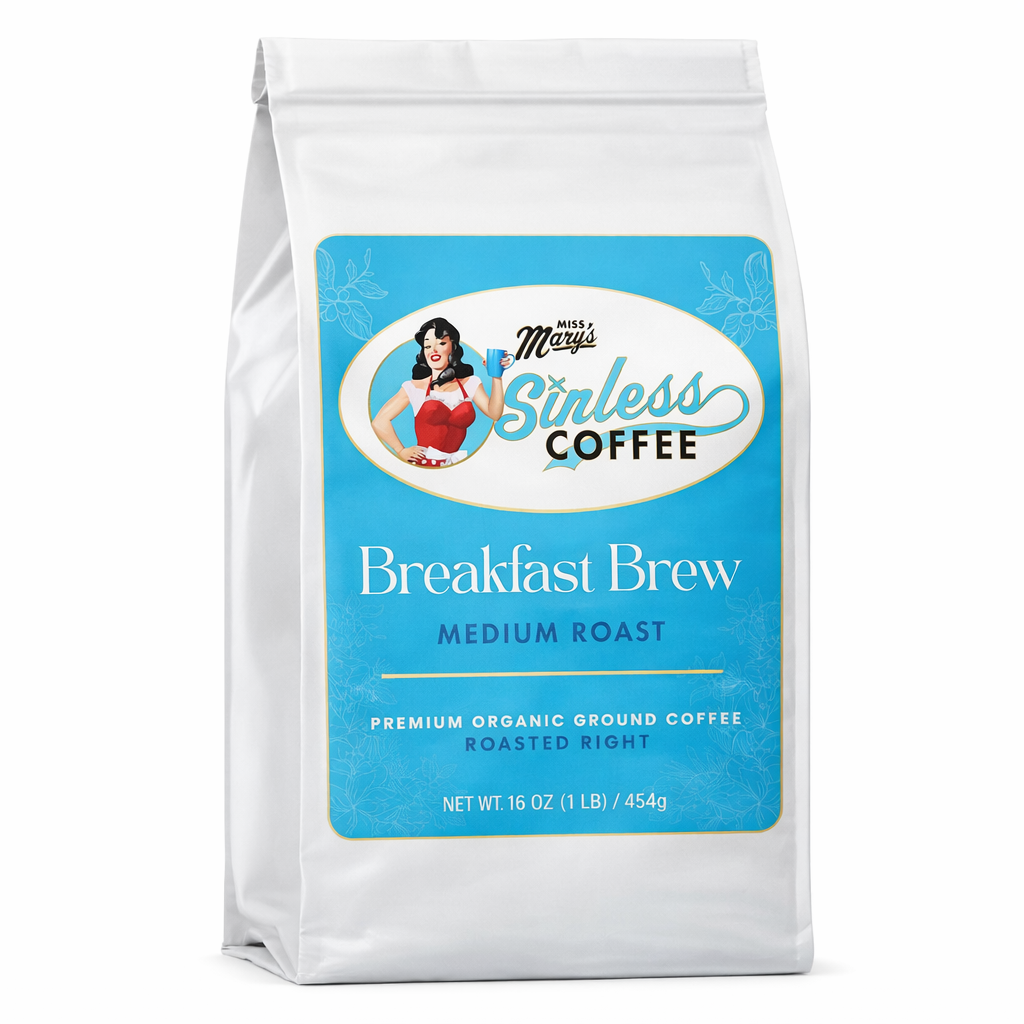 Coffee bag with a blue label featuring a logo and text on a white background