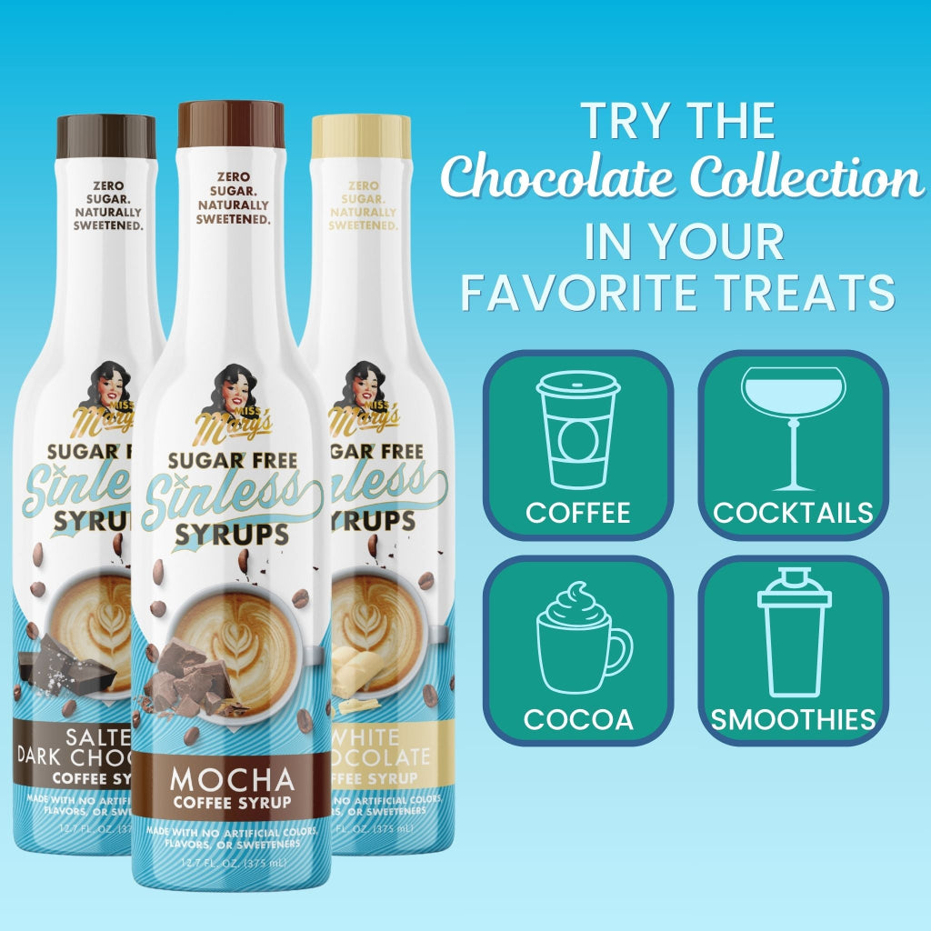 Three bottles of sugar-free syrups Chocolate Collection with usage graphics on a blue background