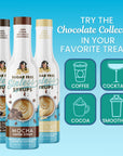 Three bottles of sugar-free syrups Chocolate Collection with usage graphics on a blue background