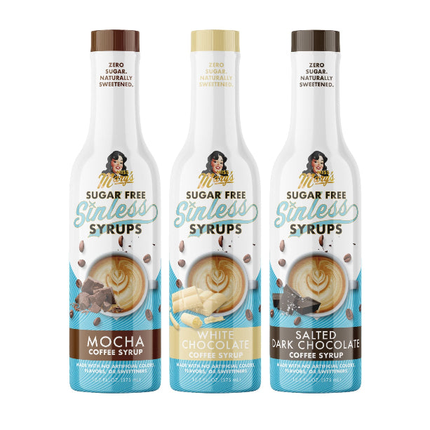 Chocolate Lovers Syrup Trio - Mocha, Salted Dark, & White Chocolate on white background
