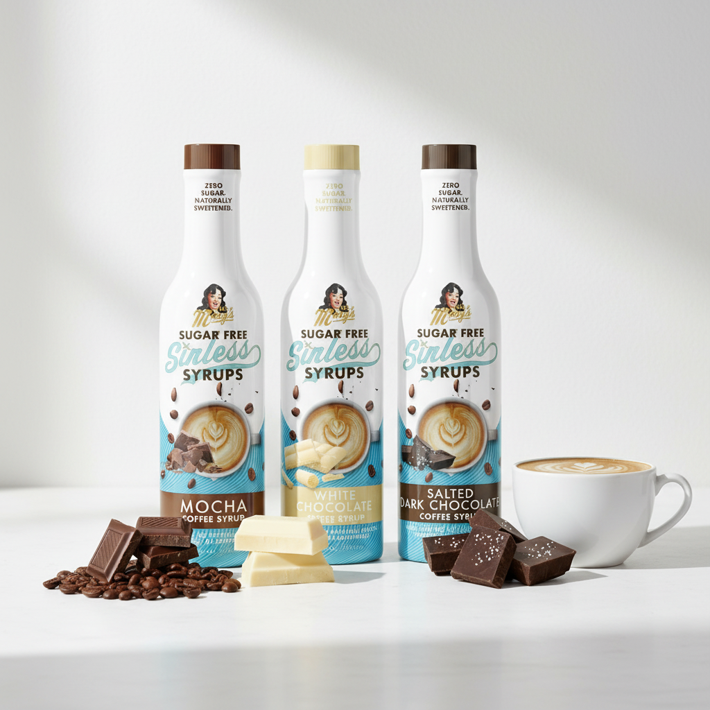 Three bottles of Sugar Free Syrups with a cup of coffee and chocolate on a white background