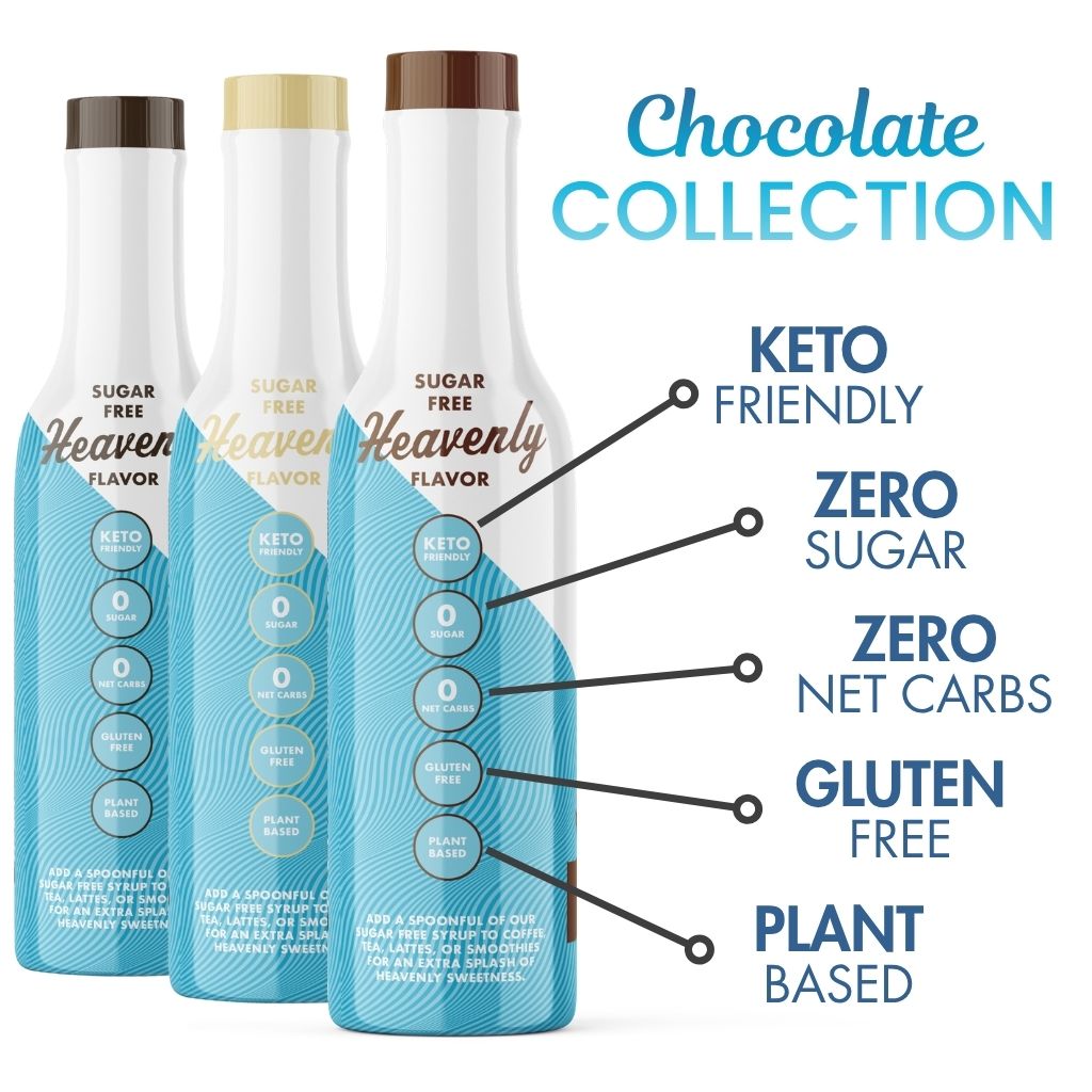 Three bottles of Sinless Syrups labeled as sugar-free, keto-friendly, zero sugar, zero net carbs, gluten-free, and plant-based.