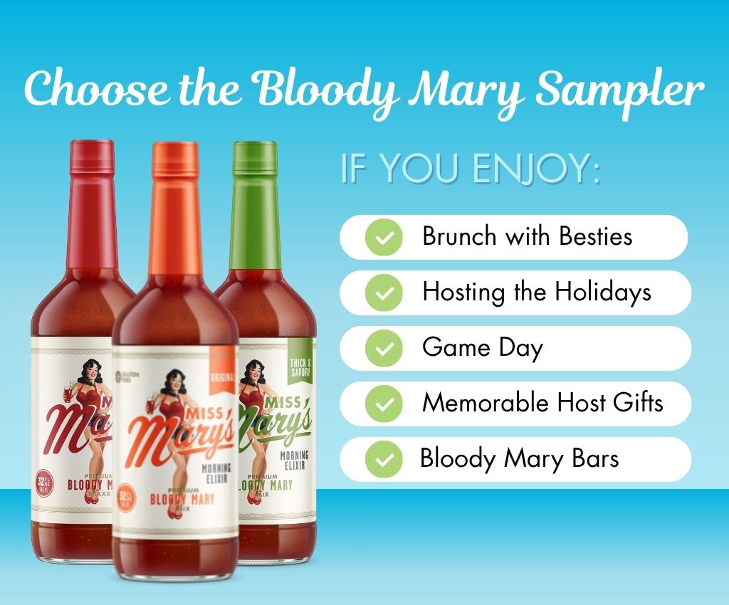 Three bottles of Miss Mary's Bloody Mary Mix and uses on blue background
