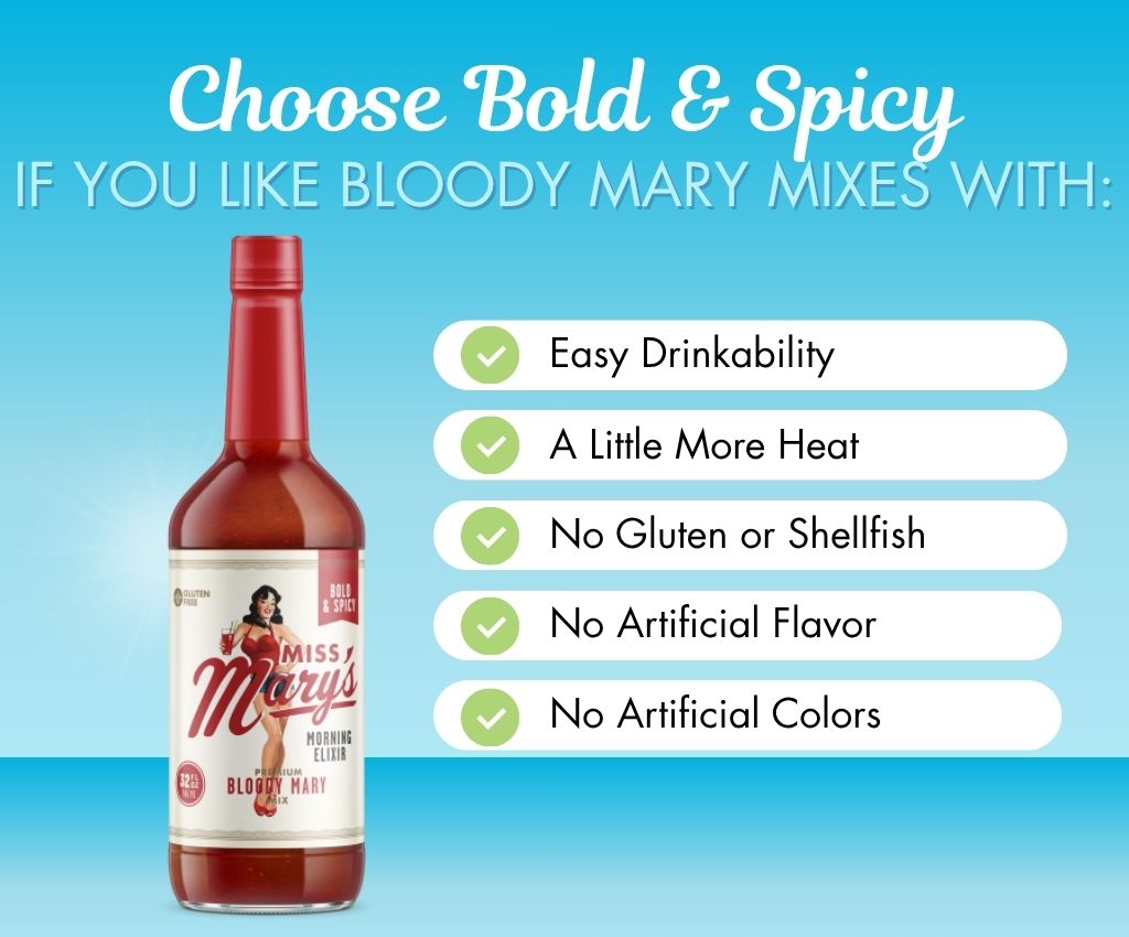 Miss Mary's Bold & Spicy Bloody Mary with qualities on blue background