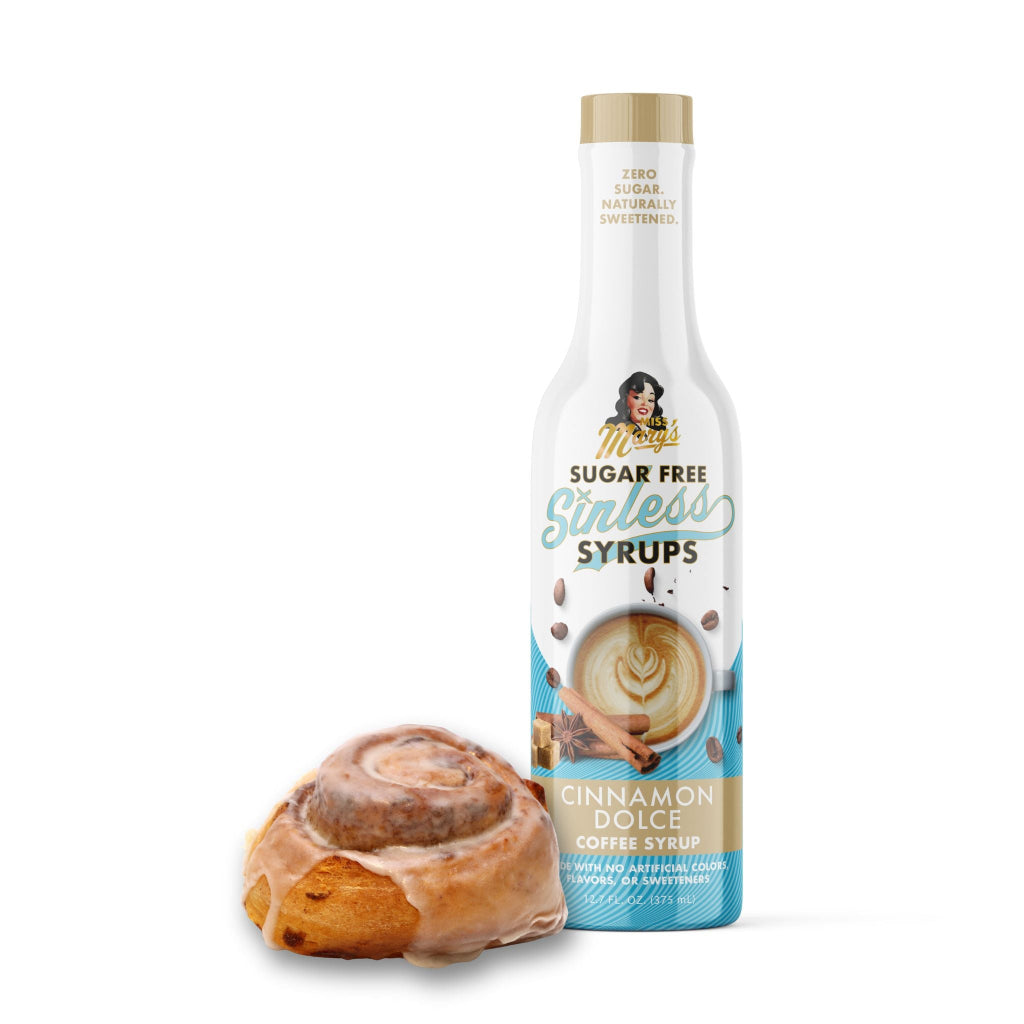 Bottle of sugar-free Sinless Syrup Cinnamon Dolce and cinnamon bun on white background