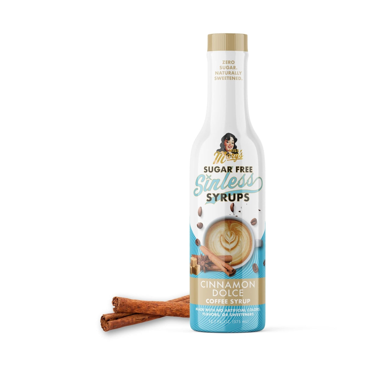 Bottle of sugar-free cinnamon dolce syrup with a white background