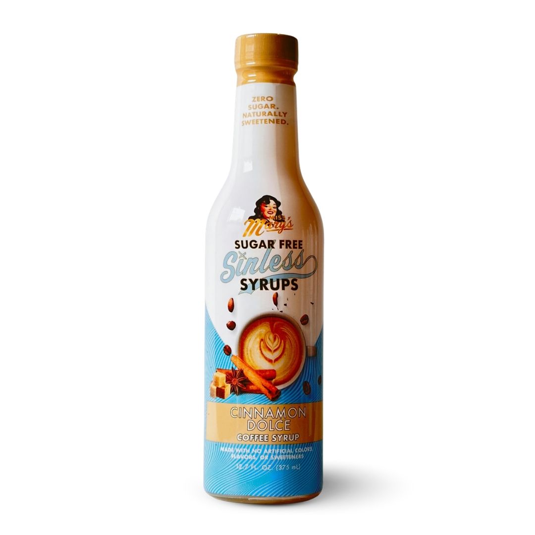 Miss Mary's Cinnamon Dolce Sugar Free Sinless Syrup bottle on white background