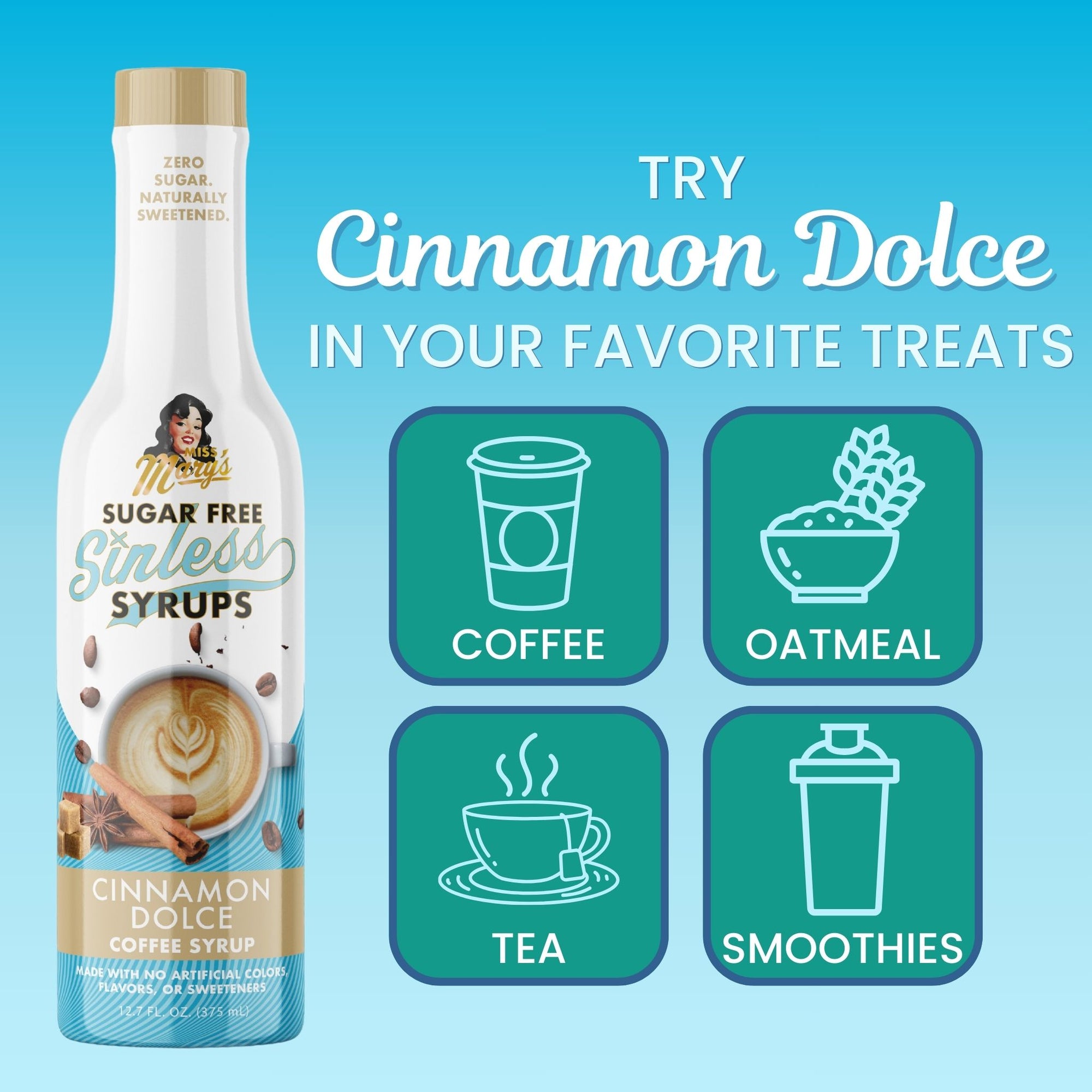 Sugar-free syrup bottle with usage suggestions on a blue background