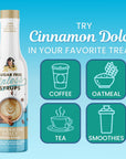 Sugar-free syrup bottle with usage suggestions on a blue background