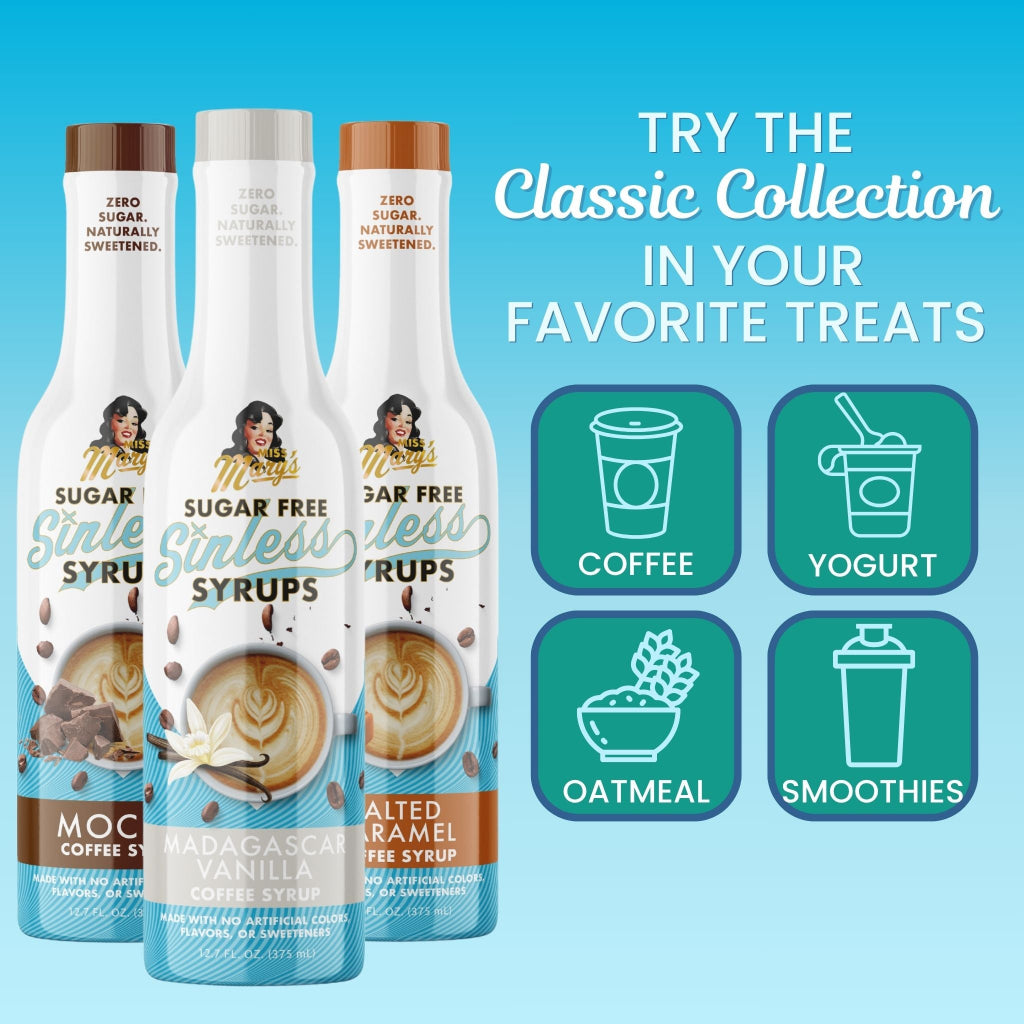 Three bottles of sugar-free syrups with icons for coffee, yogurt, oatmeal, and smoothies on a blue background.