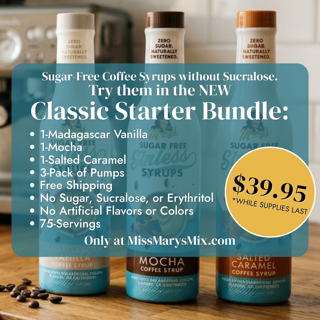 Promotional bundle graphic for Miss Mary's Mix showing three sugar-free coffee syrups: Madagascar Vanilla, Mocha, and Salted Caramel. The image features a large teal text overlay detailing the 'Classic Starter Bundle' with a yellow price badge showing '$39.