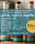 Promotional bundle graphic for Miss Mary's Mix showing three sugar-free coffee syrups: Madagascar Vanilla, Mocha, and Salted Caramel. The image features a large teal text overlay detailing the 'Classic Starter Bundle' with a yellow price badge showing '$39.